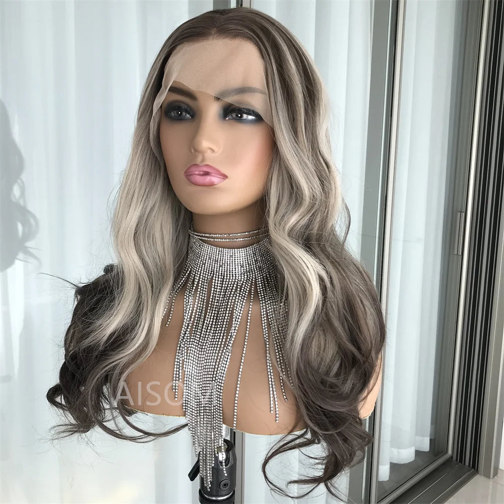 Ombre Blonde Natural Straight 13x4 Lace Front Wig for Women Synthetic Lace Frontal Wigs 18" Blonde with Brown Roots Preplucked