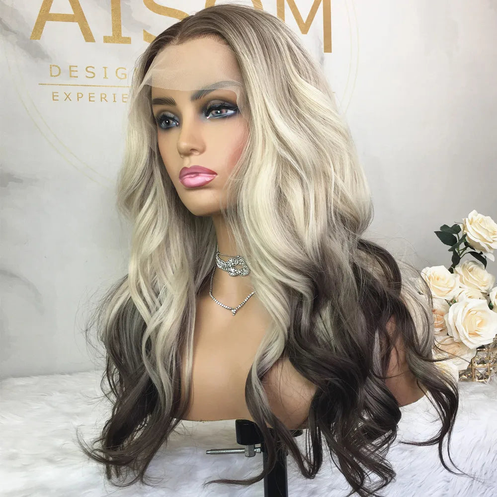 Ombre Blonde Natural Straight 13x4 Lace Front Wig for Women Synthetic Lace Frontal Wigs 18" Blonde with Brown Roots Preplucked