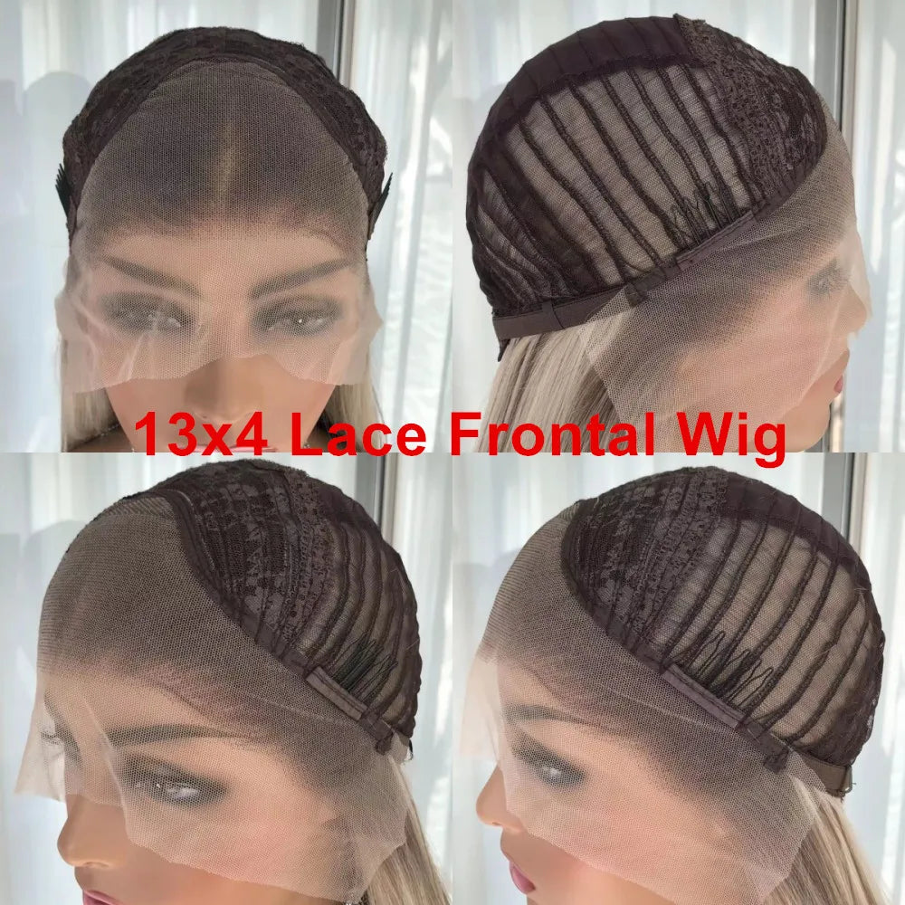 Ombre Blonde Natural Straight 13x4 Lace Front Wig for Women Synthetic Lace Frontal Wigs 18" Blonde with Brown Roots Preplucked