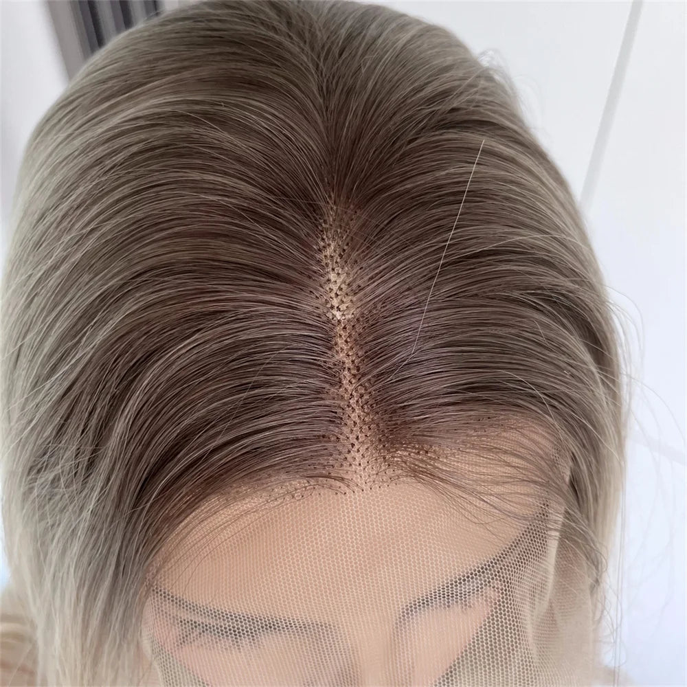 Ombre Blonde Natural Straight 13x4 Lace Front Wig for Women Synthetic Lace Frontal Wigs 18" Blonde with Brown Roots Preplucked