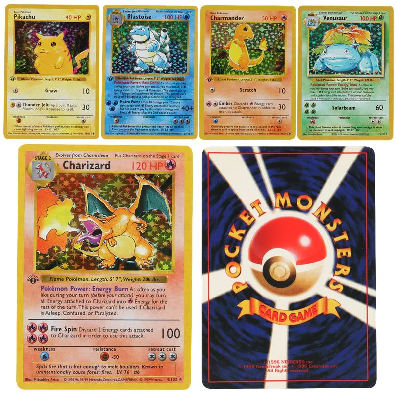 151Pcs 1996 1st Edition Pokemon Foil Flash Cards Pikachu Charizard Blastoise Venusaur Mewtwo Game Collection Cards