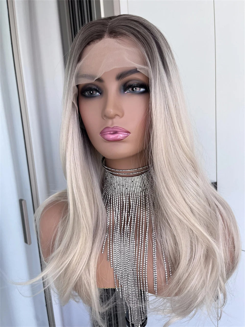 Ombre Blonde Natural Straight 13x4 Lace Front Wig for Women Synthetic Lace Frontal Wigs 18" Blonde with Brown Roots Preplucked